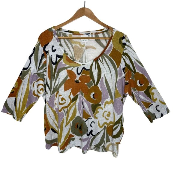Rachel Zoe 100% Linen Plus Size 1X Floral 3/4 sleeve Scoop Neck Shirt Top - Picture 1 of 7